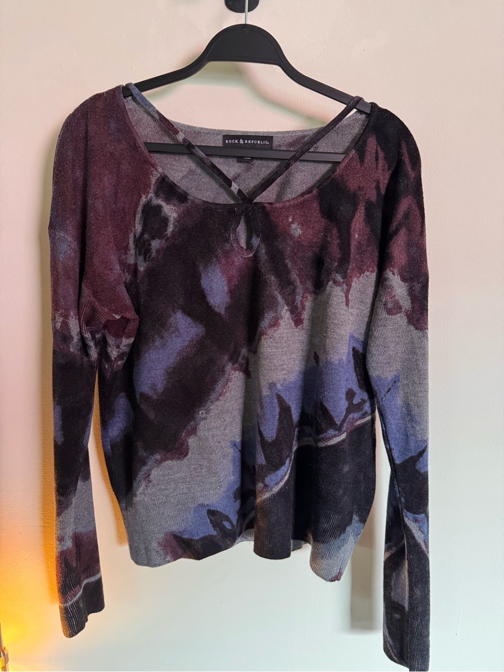 Rock & Republic Long Sleeve Tie-Dye Top in Black Plum Blue